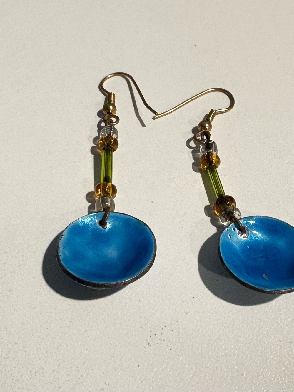 Source Unknown Blue and Green Enamel Drop Earrings with Gold Hooks